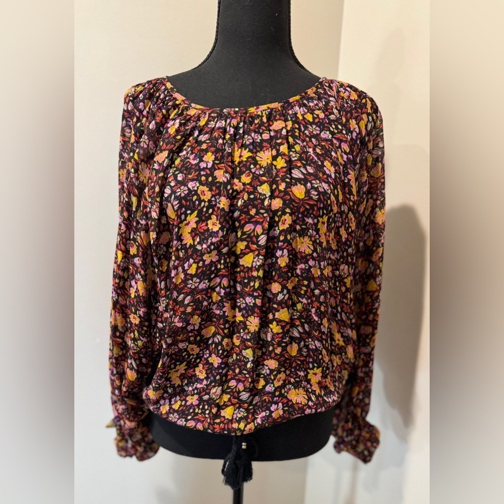 Anthropologie Black‎ Floral Print Long Sleeve Blouse Top Size S